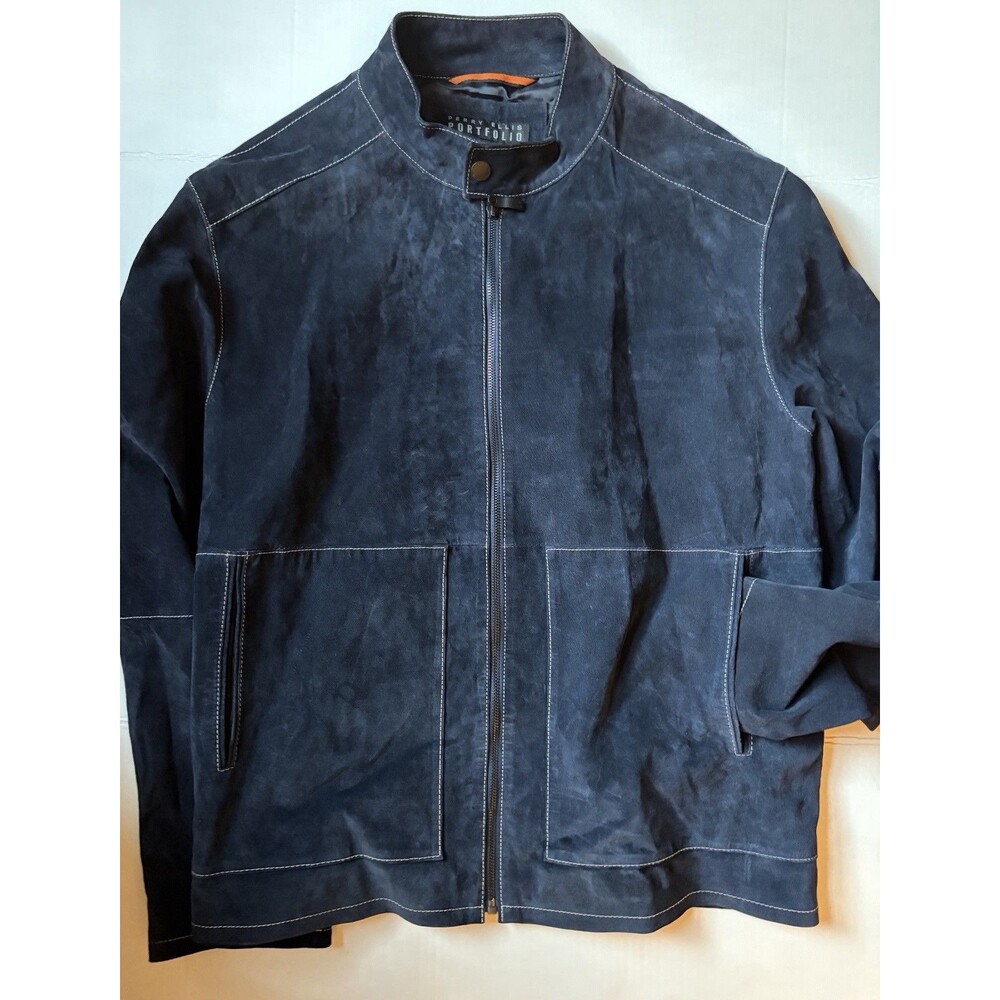 Perry Ellis Portfolio Mens L Navy Genuine Suede Leather Jacket Contrast Stitch